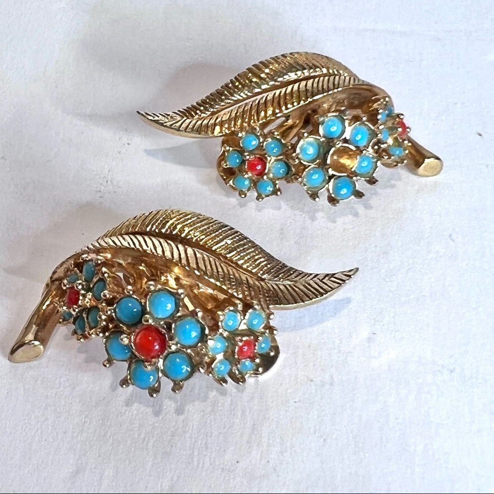 Vintage Earrings Turquoise Blue Red Bead Leave Botanical Ear Clips
